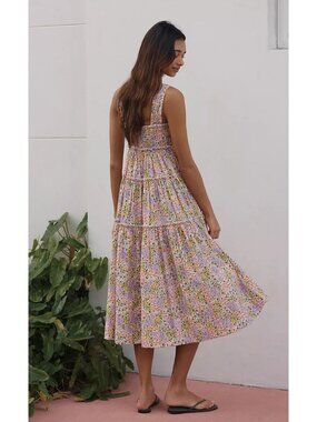 Anthropologie Helena Square-Neck Smocked Tiered Midi Dress Medium Wild Flowers